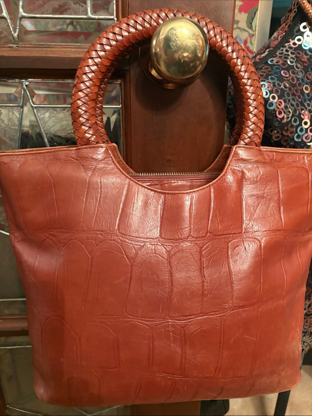 Falor  Genuine Leather Braided Handle Croc-Embossed – Rust Brown